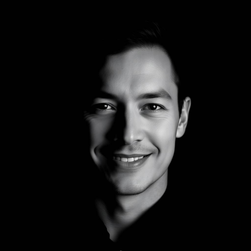 A professional headshot in monochrome, utilizing harsh, direct lighting for dramatic shadowing and a subtle, professional smile. The image is predominantly jet black with intense contrast